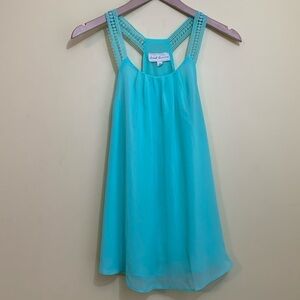 Sweet Journey Sea / Mint Green Lace Racer Back Layered Flouncy Tan Top Blouce M